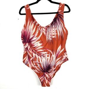 Palisades Orange Palm Leaf Twist Open Back One-Piece Swim Size 18W